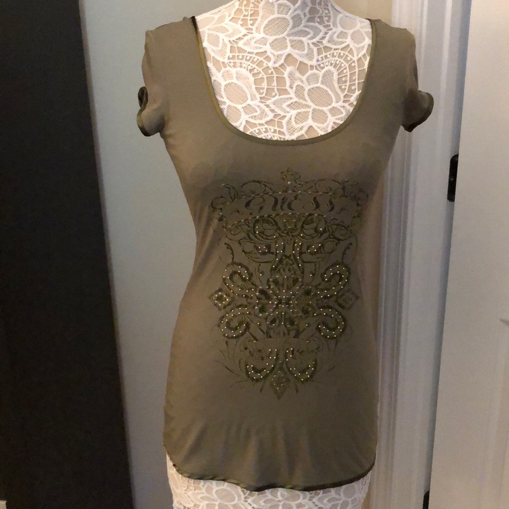 NWOT GUESS embellished short sleeve low back tunic size M olive color